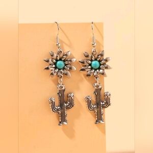 Faux Vintage Western Silver and Turquoise Cactus Sunflower Earrings